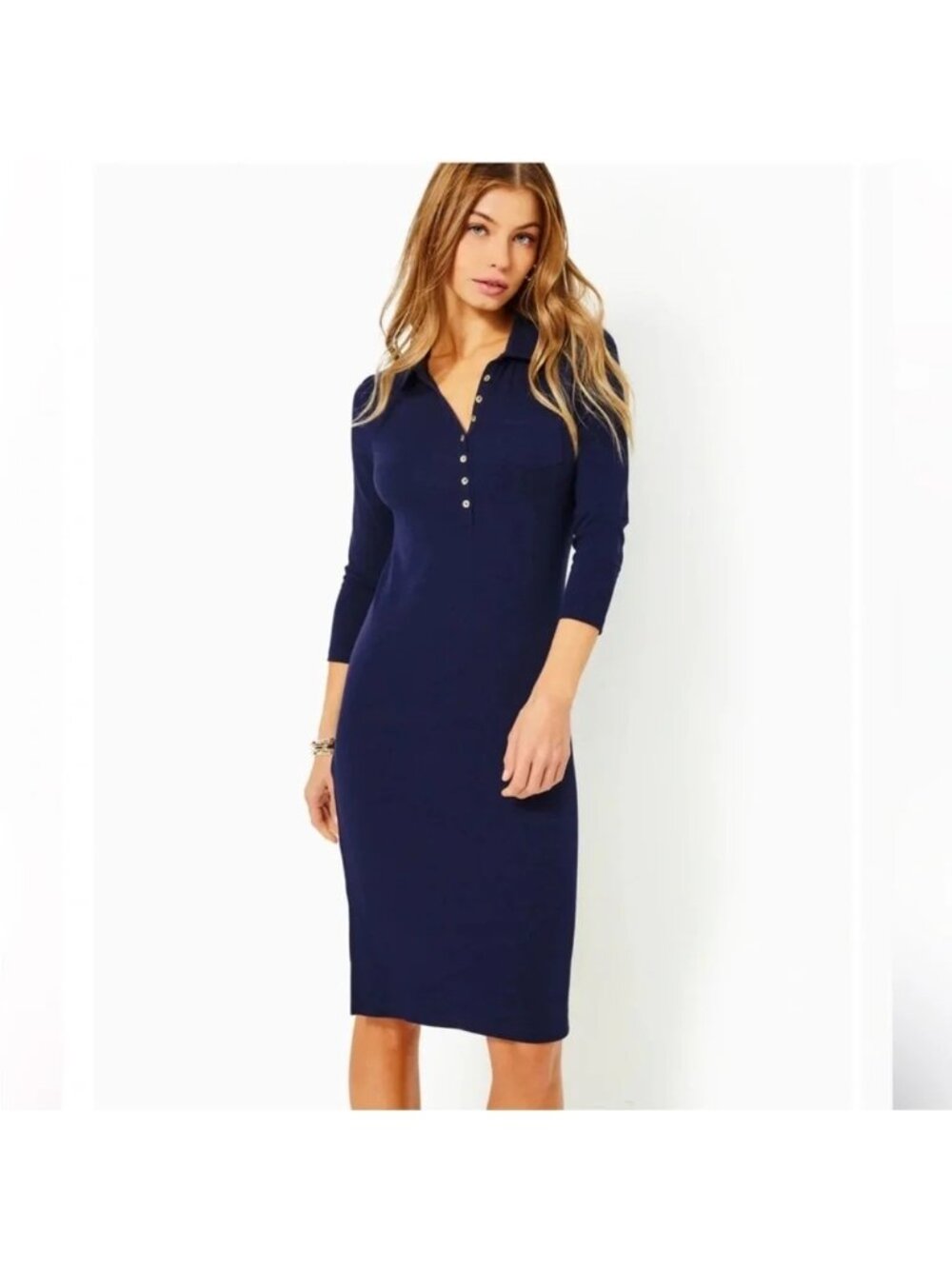 Lilly Pulitzer Reema 3/4 Sleeve Knee Length Polo Dress in True Navy Blue Size M